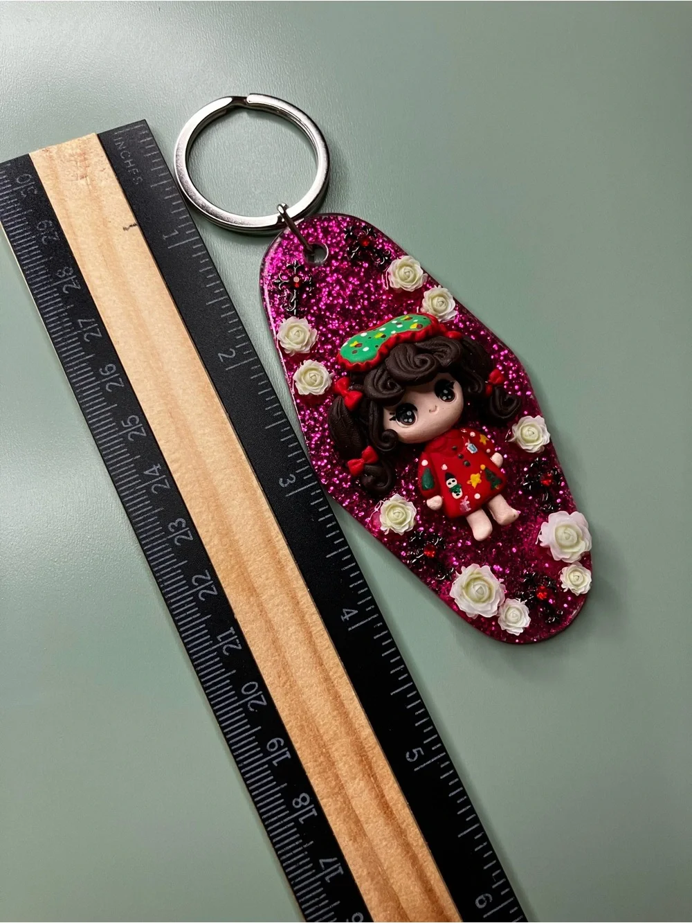Handmade Glitter Pink Holiday Clay Doll Keychain with Roses & Crosses